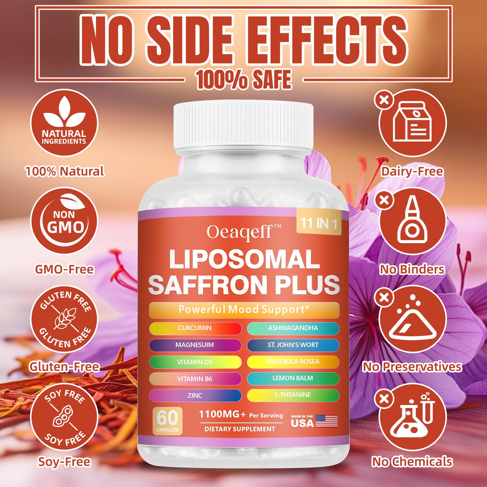 Oeaqeff Liposomal Saffron Supplements -11 in 1 100% Pure Saffron Extract 88.5 mg Maximum Absorption for Mood, Energy & Vision,Vegan, Non-GMO - 60 Vegan Capsules (1) - dailyvitalstore