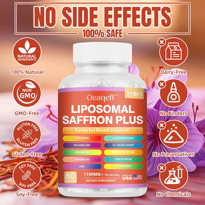 Oeaqeff Liposomal Saffron Supplements -11 in 1 100% Pure Saffron Extract 88.5 mg Maximum Absorption for Mood, Energy & Vision,Vegan, Non-GMO - 60 Vegan Capsules (1) - dailyvitalstore
