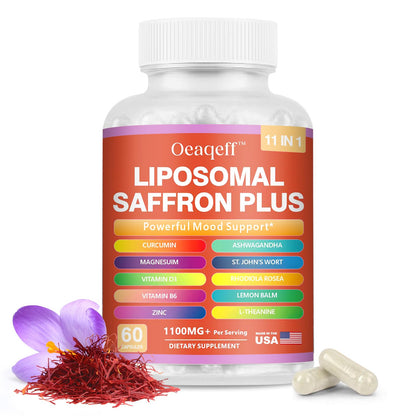 Oeaqeff Liposomal Saffron Supplements -11 in 1 100% Pure Saffron Extract 88.5 mg Maximum Absorption for Mood, Energy & Vision,Vegan, Non-GMO - 60 Vegan Capsules (1) - dailyvitalstore