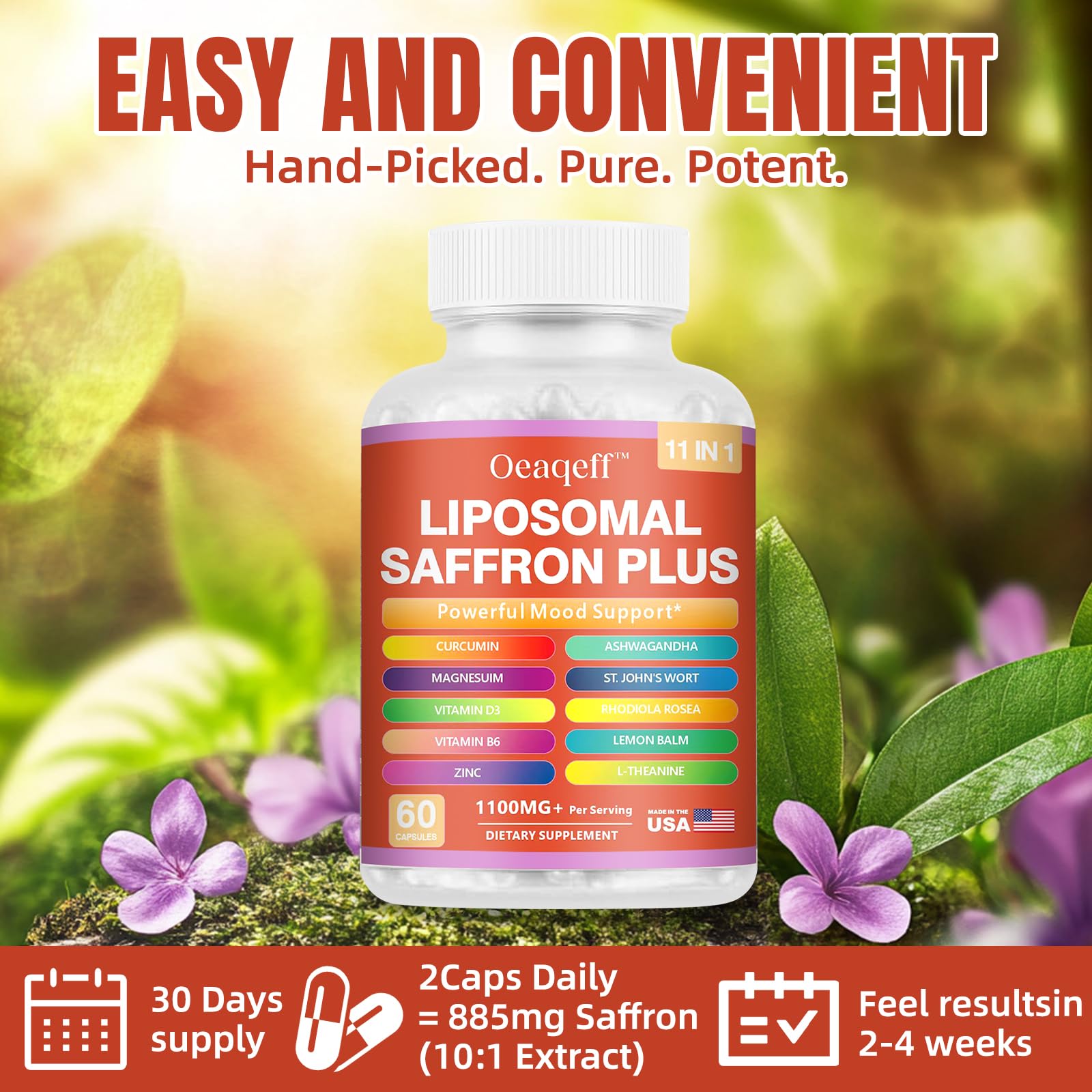 Oeaqeff Liposomal Saffron Supplements -11 in 1 100% Pure Saffron Extract 88.5 mg Maximum Absorption for Mood, Energy & Vision,Vegan, Non-GMO - 60 Vegan Capsules (1) - dailyvitalstore