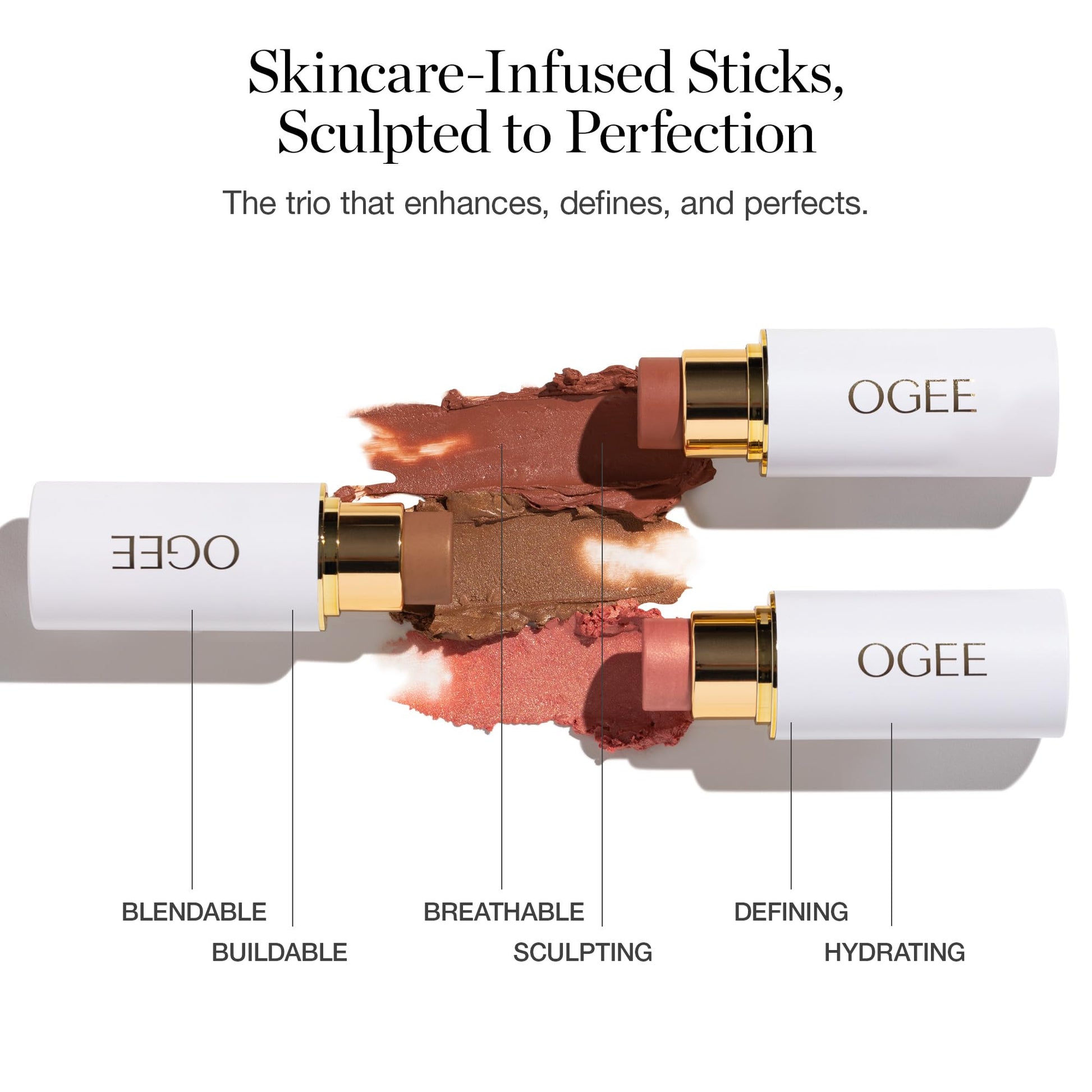 Ogee Face Stick Trio - Golden Contour Stick Makeup Collection - Certified Organic Bronzer, Blush Stick, and Highlighter Stick for a Flawless Look - dailyvitalstore