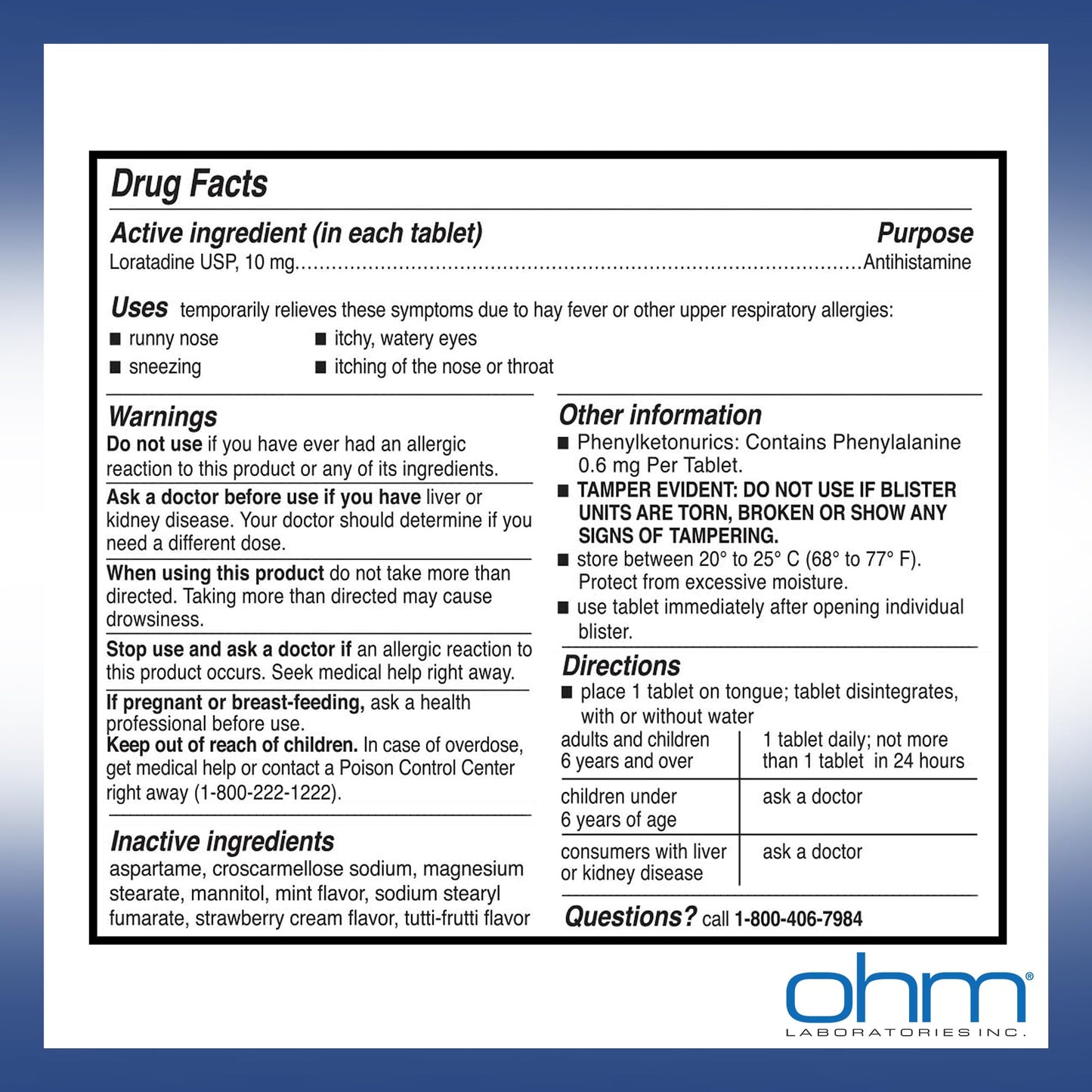 Ohm Allergy Pills - Loratadine Allergy 24 Hour Non Drowsy Relief for Seasonal Allergies, Sneezing - Loratadine 10 mg Antihistamine for Effective Non-Drowsy 24-Hour Symptom Relief - 100 Count - dailyvitalstore