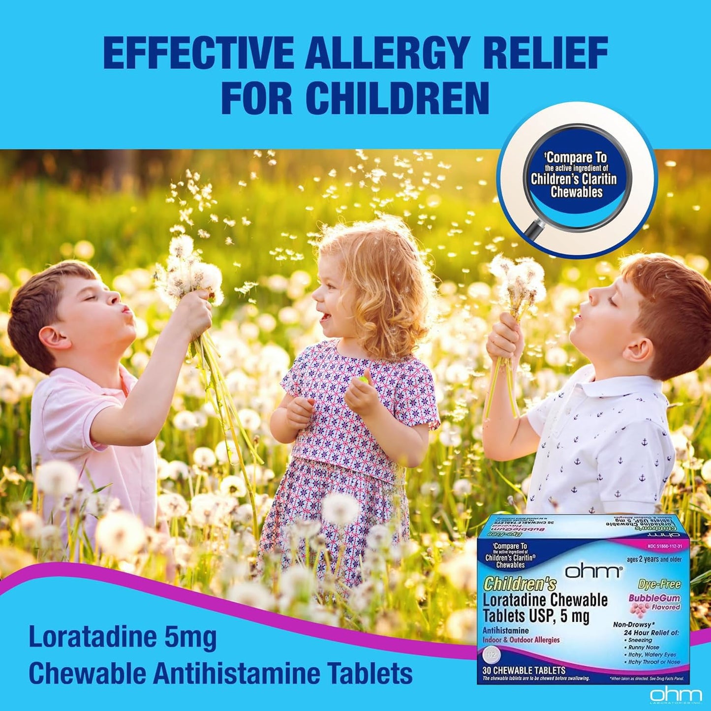 Ohm Children's Allergy Medicine, Loratadine 5mg, Chewable Tablets (30 Count) Bubblegum Flavor, Non-Drowsy Antihistamine, 24-Hour Allergy Relief for Runny Nose, Watery Eyes, Itchy Throat & Nose - dailyvitalstore