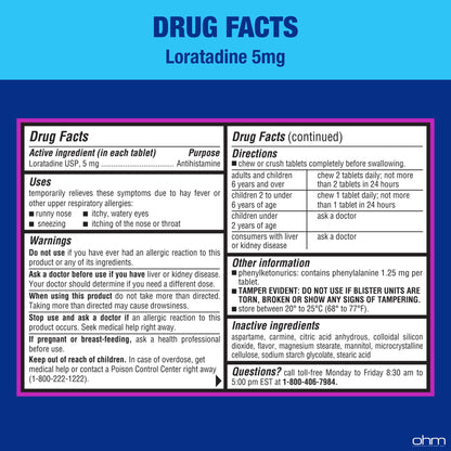 Ohm Children's Allergy Medicine, Loratadine 5mg, Chewable Tablets (30 Count) Bubblegum Flavor, Non-Drowsy Antihistamine, 24-Hour Allergy Relief for Runny Nose, Watery Eyes, Itchy Throat & Nose - dailyvitalstore