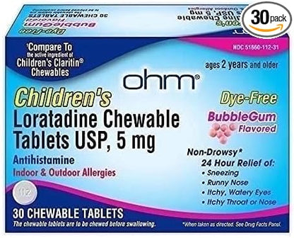 Ohm Children's Allergy Medicine, Loratadine 5mg, Chewable Tablets (30 Count) Bubblegum Flavor, Non-Drowsy Antihistamine, 24-Hour Allergy Relief for Runny Nose, Watery Eyes, Itchy Throat & Nose - dailyvitalstore