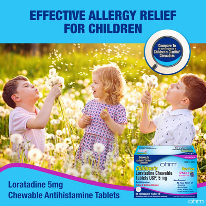 Ohm Children's Allergy Medicine, Loratadine 5mg, Chewable Tablets (30 Count) Grape Flavor, Non-Drowsy Antihistamine, 24-Hour Allergy Relief for Runny Nose, Watery Eyes, Itchy Throat & Nose - dailyvitalstore