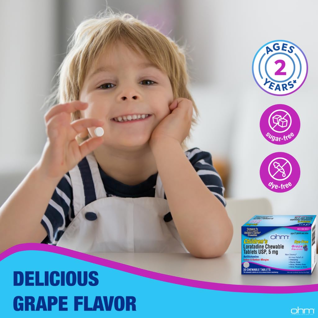 Ohm Children's Allergy Medicine, Loratadine 5mg, Chewable Tablets (30 Count) Grape Flavor, Non-Drowsy Antihistamine, 24-Hour Allergy Relief for Runny Nose, Watery Eyes, Itchy Throat & Nose - dailyvitalstore