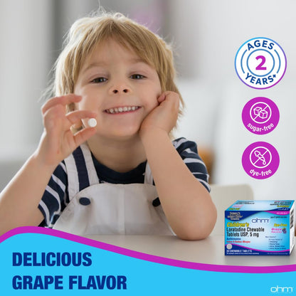 Ohm Children's Allergy Medicine, Loratadine 5mg, Chewable Tablets (30 Count) Grape Flavor, Non-Drowsy Antihistamine, 24-Hour Allergy Relief for Runny Nose, Watery Eyes, Itchy Throat & Nose - dailyvitalstore