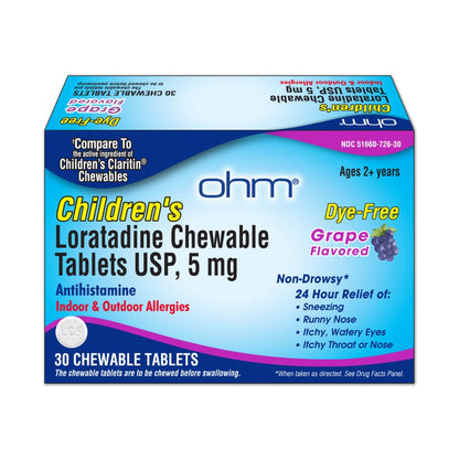 Ohm Children's Allergy Medicine, Loratadine 5mg, Chewable Tablets (30 Count) Grape Flavor, Non-Drowsy Antihistamine, 24-Hour Allergy Relief for Runny Nose, Watery Eyes, Itchy Throat & Nose - dailyvitalstore