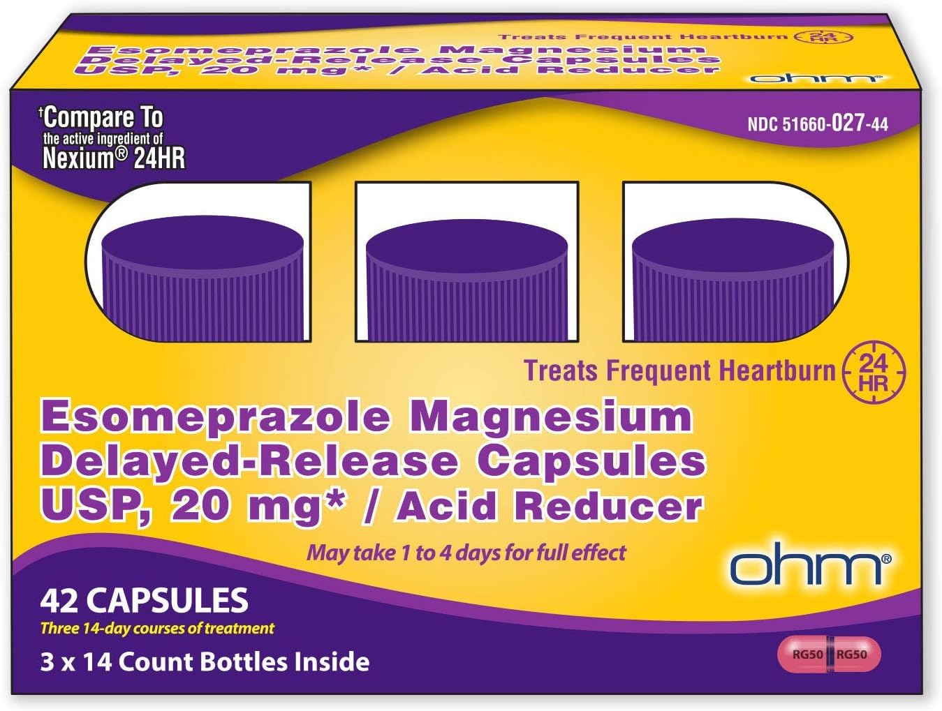 Ohm Esomeprazole Magnesium Delayed Release Capsules 20mg - Frequent Heartburn & Acid Reflux Relief, 24 Hour Chest & Stomach Acid Reducer (6 Weeks of Supply, 42, Count) - dailyvitalstore