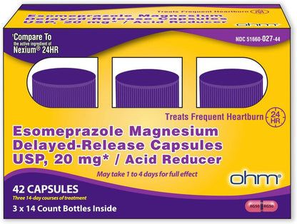 Ohm Esomeprazole Magnesium Delayed Release Capsules 20mg - Frequent Heartburn & Acid Reflux Relief, 24 Hour Chest & Stomach Acid Reducer (6 Weeks of Supply, 42, Count) - dailyvitalstore