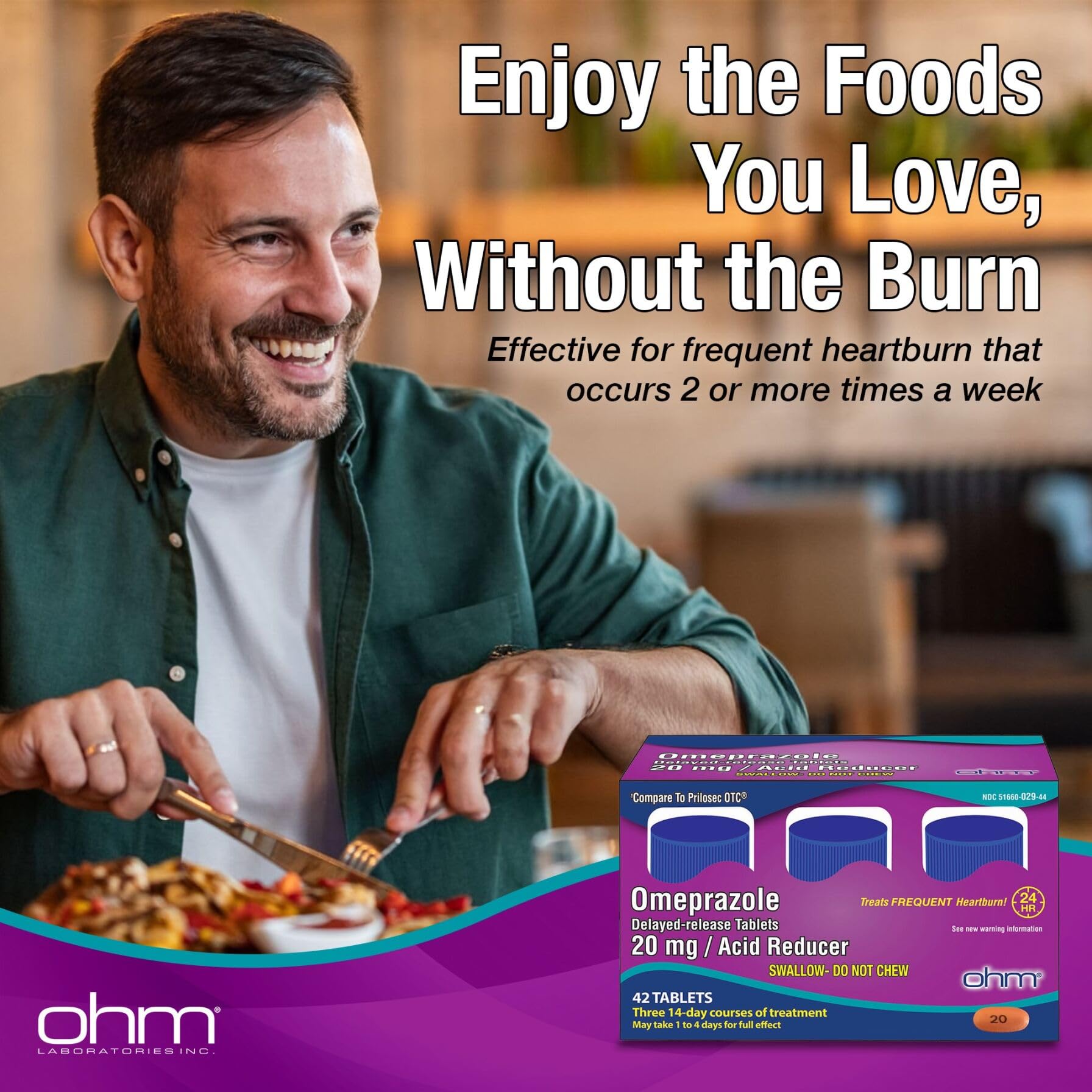 Ohm Omeprazole 20mg, 42 Delayed-Release Tablets, Acid Reducer for Frequent Heartburn, 24-Hour Relief Heartburn Medicine, Helps Relieve Stomach & Chest Discomfort (6 Weeks of Supply, 42, Count) - dailyvitalstore