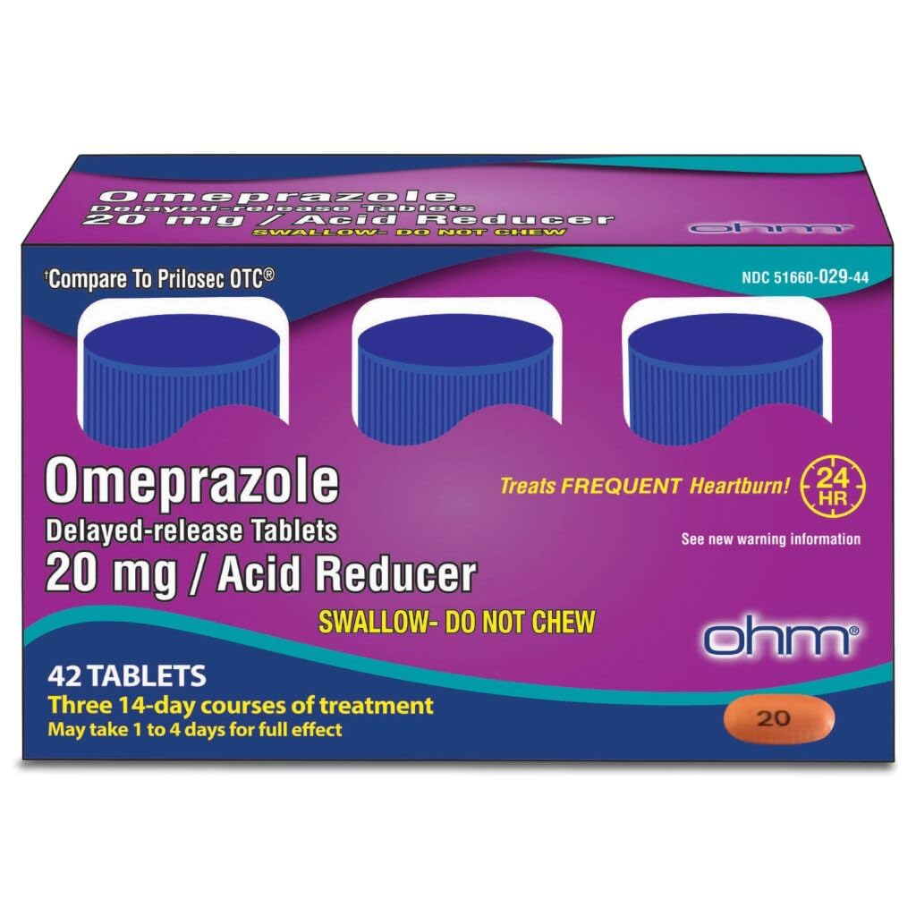 Ohm Omeprazole 20mg, 42 Delayed-Release Tablets, Acid Reducer for Frequent Heartburn, 24-Hour Relief Heartburn Medicine, Helps Relieve Stomach & Chest Discomfort (6 Weeks of Supply, 42, Count) - dailyvitalstore