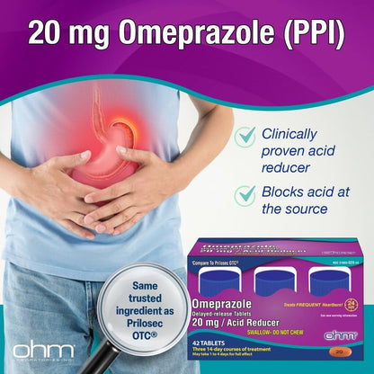 Ohm Omeprazole Delayed-Release Tablets, 20mg Acid Reducer, Treats Frequent Heartburn (12 Weeks of Supply, 84, Count) - dailyvitalstore