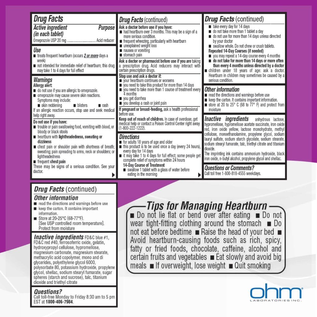 Ohm Omeprazole Delayed-Release Tablets, 20mg Acid Reducer, Treats Frequent Heartburn (12 Weeks of Supply, 84, Count) - dailyvitalstore