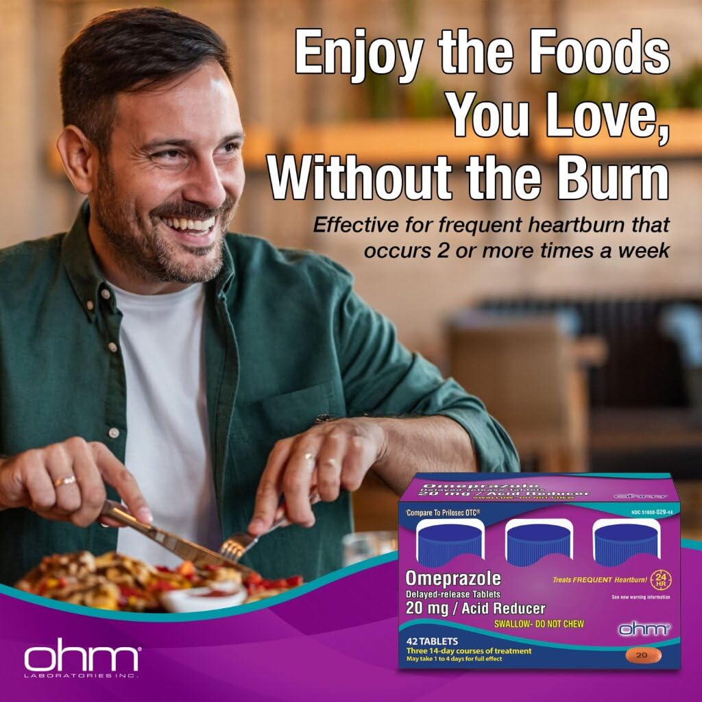 Ohm Omeprazole Delayed-Release Tablets, 20mg Acid Reducer, Treats Frequent Heartburn (12 Weeks of Supply, 84, Count) - dailyvitalstore