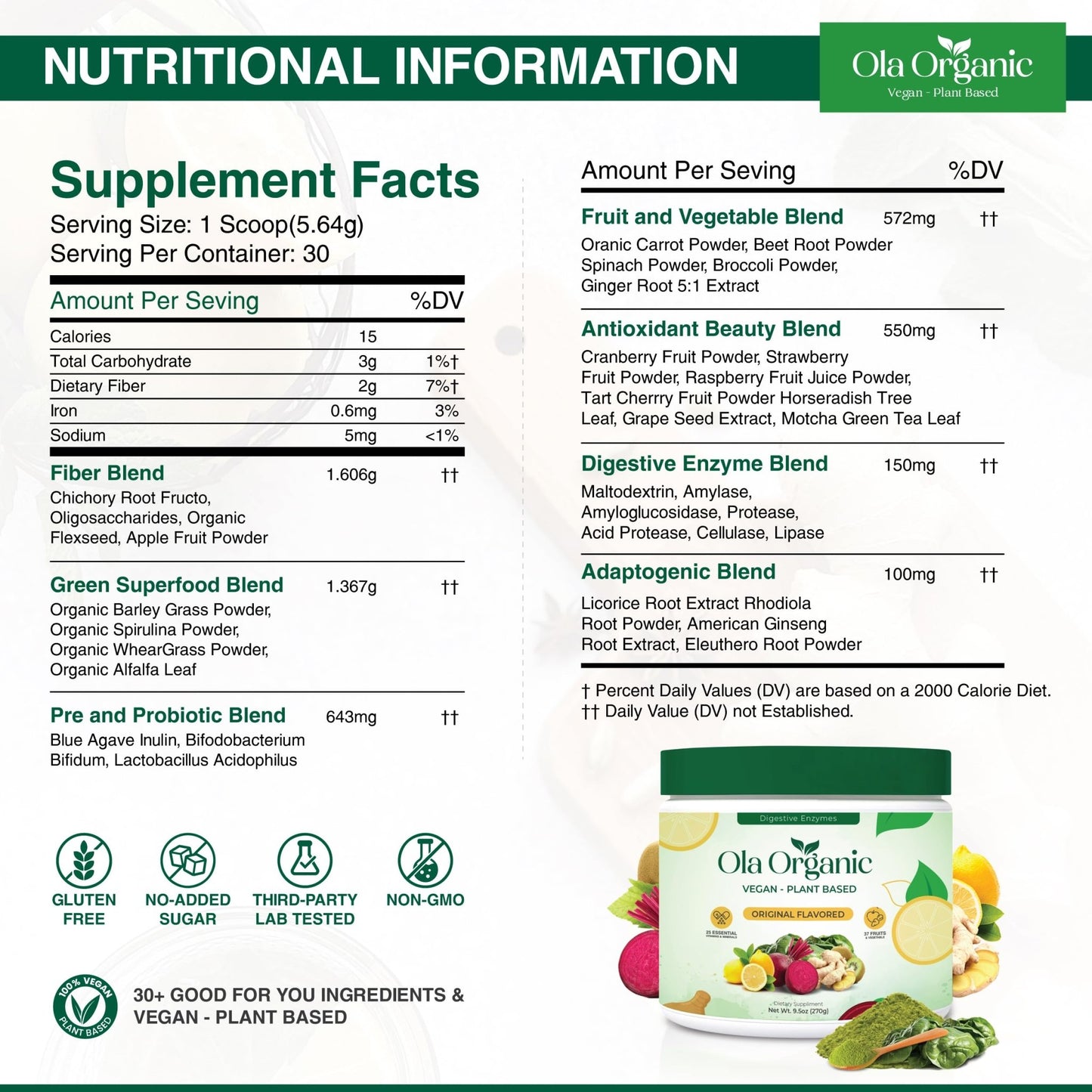 Ola Organic Greens Superfood Powder – Blend of 11 Cruciferous Vegetables with Phytonutrients – Supports Energy, & Immune Health Support – Non-GMO Vegetable Supplement (270g Jar) - dailyvitalstore