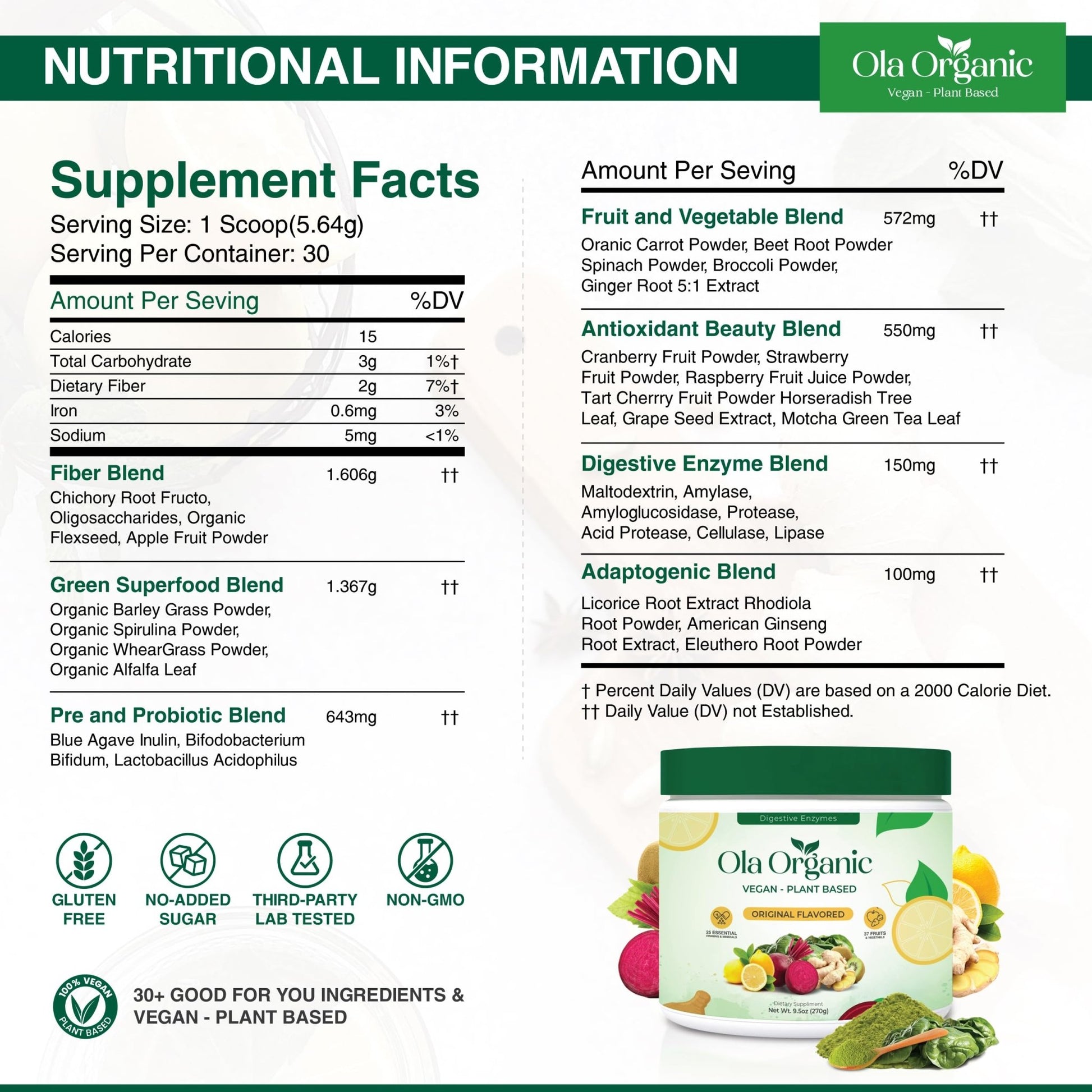Ola Organic Greens Superfood Powder – Blend of 11 Cruciferous Vegetables with Phytonutrients – Supports Energy, & Immune Health Support – Non-GMO Vegetable Supplement (270g Jar) - dailyvitalstore
