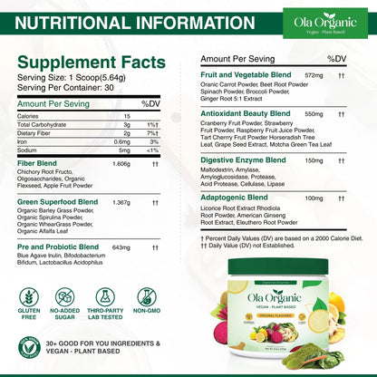 Ola Organic Greens Superfood Powder – Blend of 11 Cruciferous Vegetables with Phytonutrients – Supports Energy, & Immune Health Support – Non-GMO Vegetable Supplement (270g Jar) - dailyvitalstore