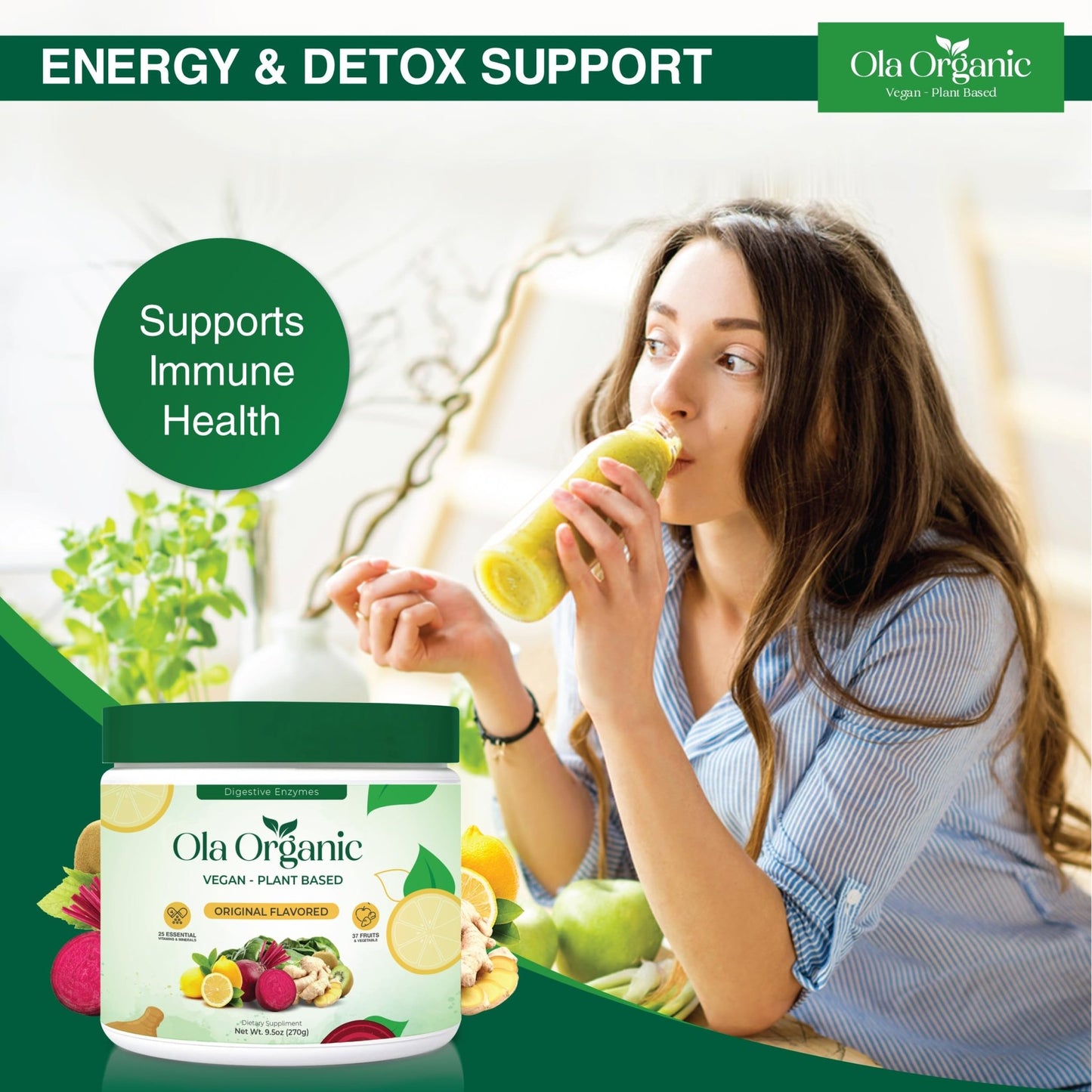 Ola Organic Greens Superfood Powder – Blend of 11 Cruciferous Vegetables with Phytonutrients – Supports Energy, & Immune Health Support – Non-GMO Vegetable Supplement (270g Jar) - dailyvitalstore