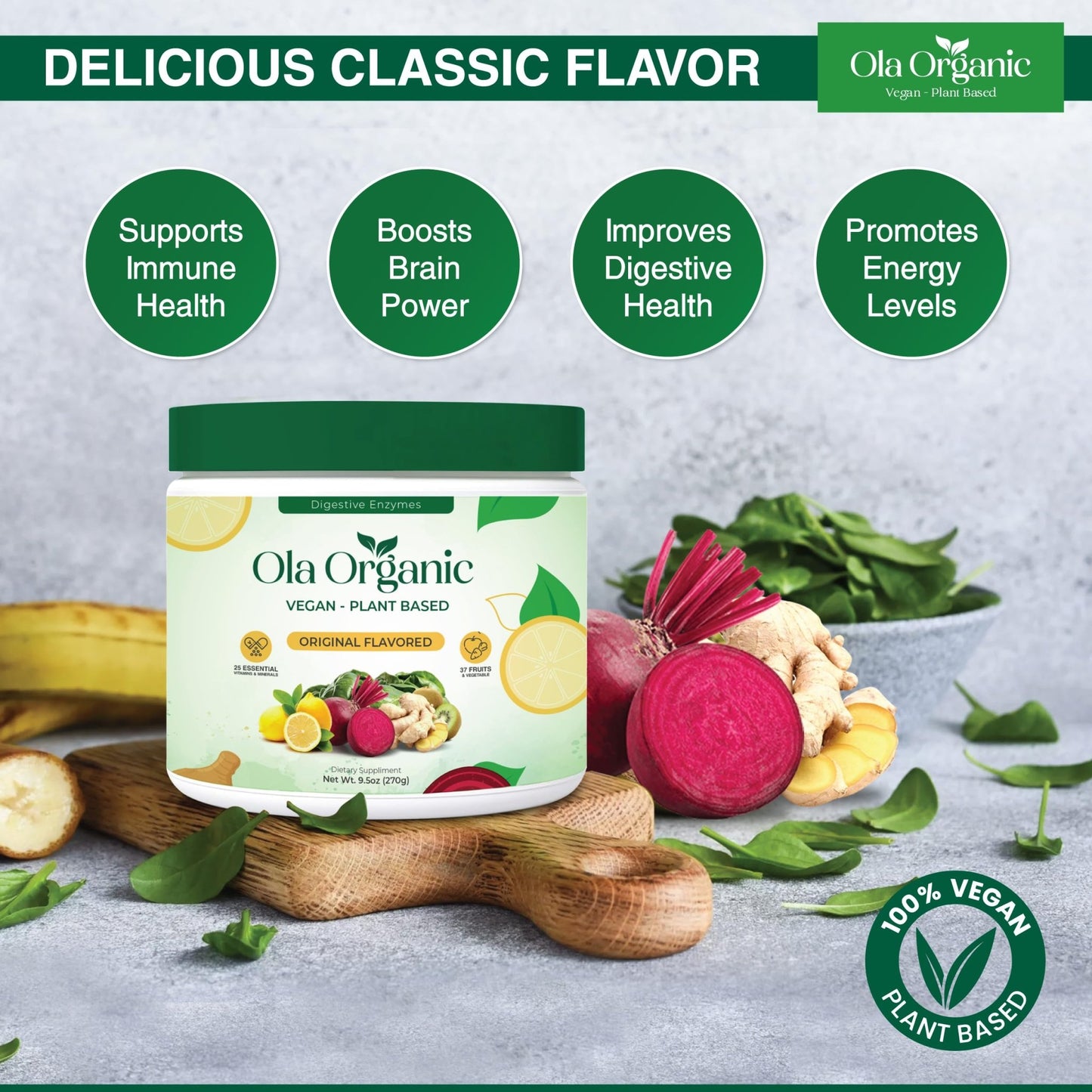 Ola Organic Greens Superfood Powder – Blend of 11 Cruciferous Vegetables with Phytonutrients – Supports Energy, & Immune Health Support – Non-GMO Vegetable Supplement (270g Jar) - dailyvitalstore