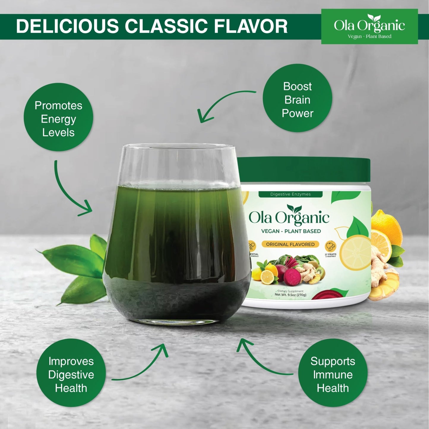 Ola Organic Greens Superfood Powder – Blend of 11 Cruciferous Vegetables with Phytonutrients – Supports Energy, & Immune Health Support – Non-GMO Vegetable Supplement (270g Jar) - dailyvitalstore