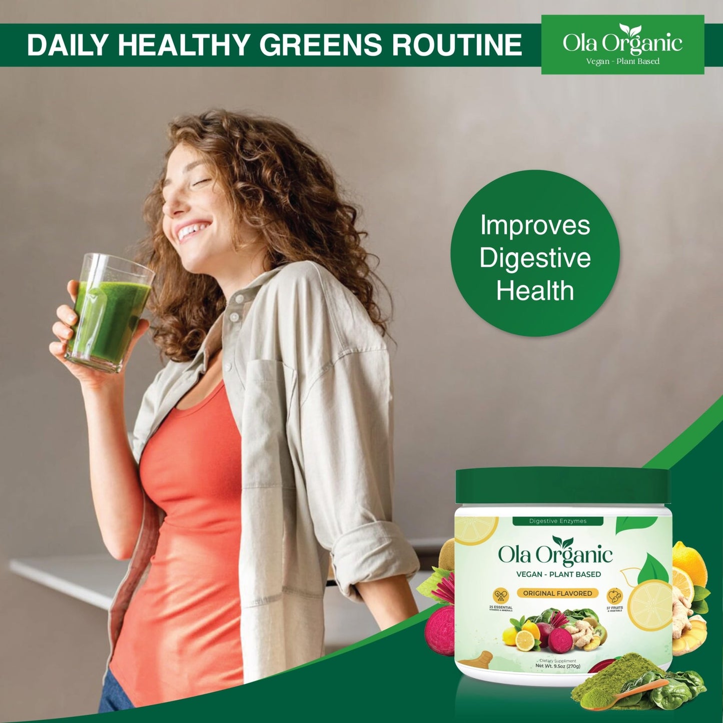 Ola Organic Greens Superfood Powder – Blend of 11 Cruciferous Vegetables with Phytonutrients – Supports Energy, & Immune Health Support – Non-GMO Vegetable Supplement (270g Jar) - dailyvitalstore