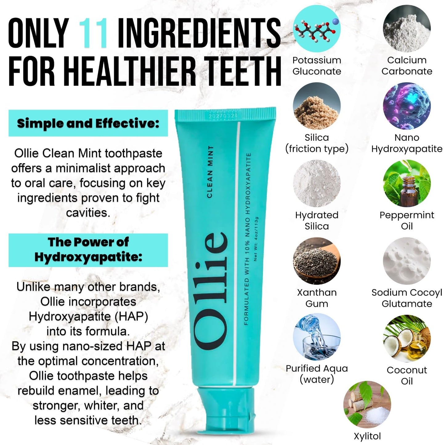 Ollie Fluoride Free 10% Nano Hydroxyapatite Toothpaste for Remineralizing Enamel, Sensitive Teeth & Whitening, - dailyvitalstore