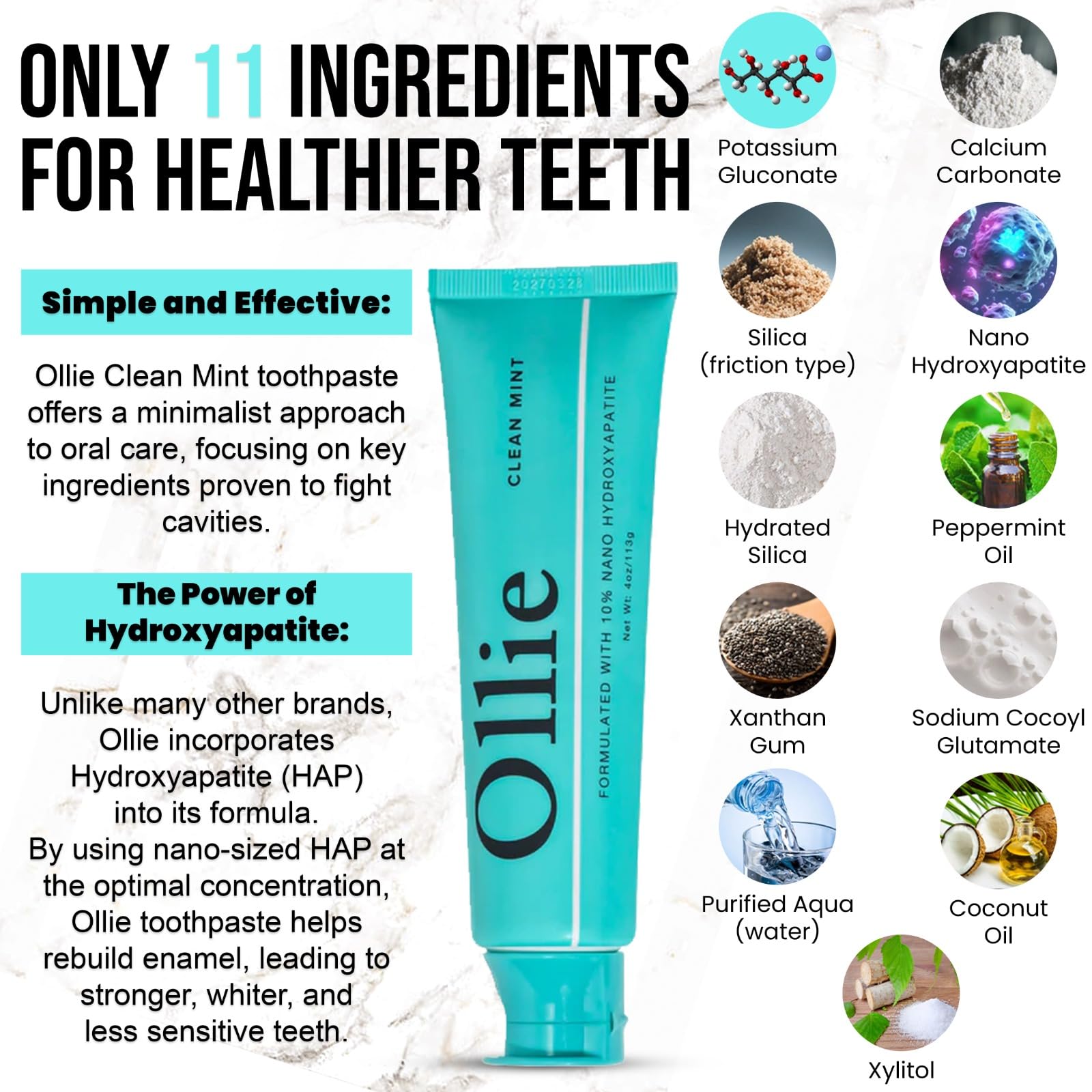 Ollie Fluoride Free 10% Nano Hydroxyapatite Toothpaste for Remineralizing Enamel, Sensitive Teeth & Whitening, - dailyvitalstore