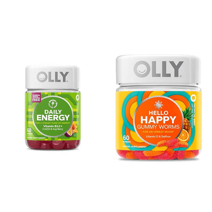OLLY Daily Energy Gummy, Caffeine Free, Vitamin B12, CoQ10, Goji Berry, Adult Chewable Supplement & Hello Happy Gummy Worms, Mood Balance Support, Vitamin D, Saffron, Adult Chewable Supplement - dailyvitalstore