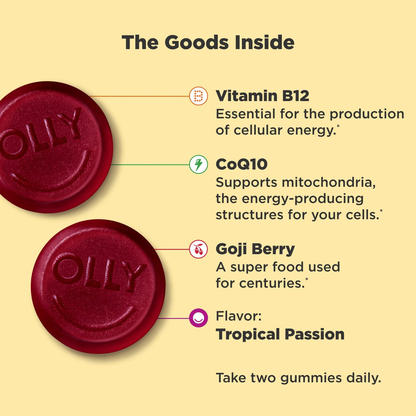 OLLY Daily Energy Gummy, Caffeine Free, Vitamin B12, CoQ10, Goji Berry, Adult Chewable Supplement & Hello Happy Gummy Worms, Mood Balance Support, Vitamin D, Saffron, Adult Chewable Supplement - dailyvitalstore