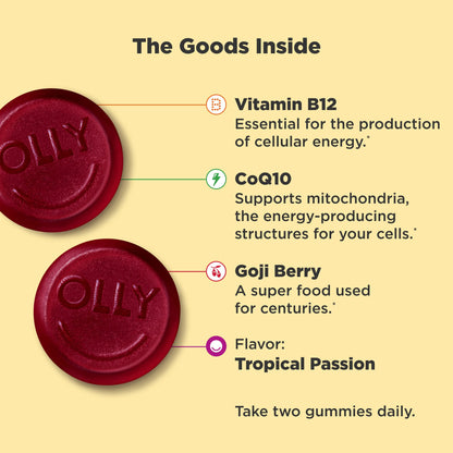 OLLY Daily Energy Gummy, Caffeine Free, Vitamin B12, CoQ10, Goji Berry, Adult Chewable Supplement & Hello Happy Gummy Worms, Mood Balance Support, Vitamin D, Saffron, Adult Chewable Supplement - dailyvitalstore