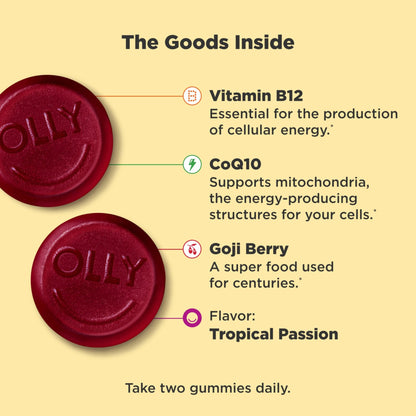 OLLY Daily Energy Gummy, Caffeine Free, Vitamin B12, CoQ10, Goji Berry, Adult Chewable Supplement, Tropical Flavor - 60 Count - dailyvitalstore