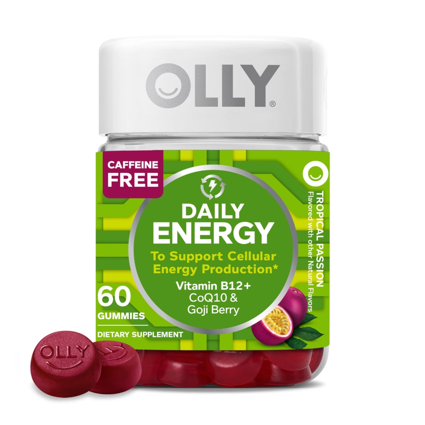OLLY Daily Energy Gummy, Caffeine Free, Vitamin B12, CoQ10, Goji Berry, Adult Chewable Supplement, Tropical Flavor - 60 Count - dailyvitalstore