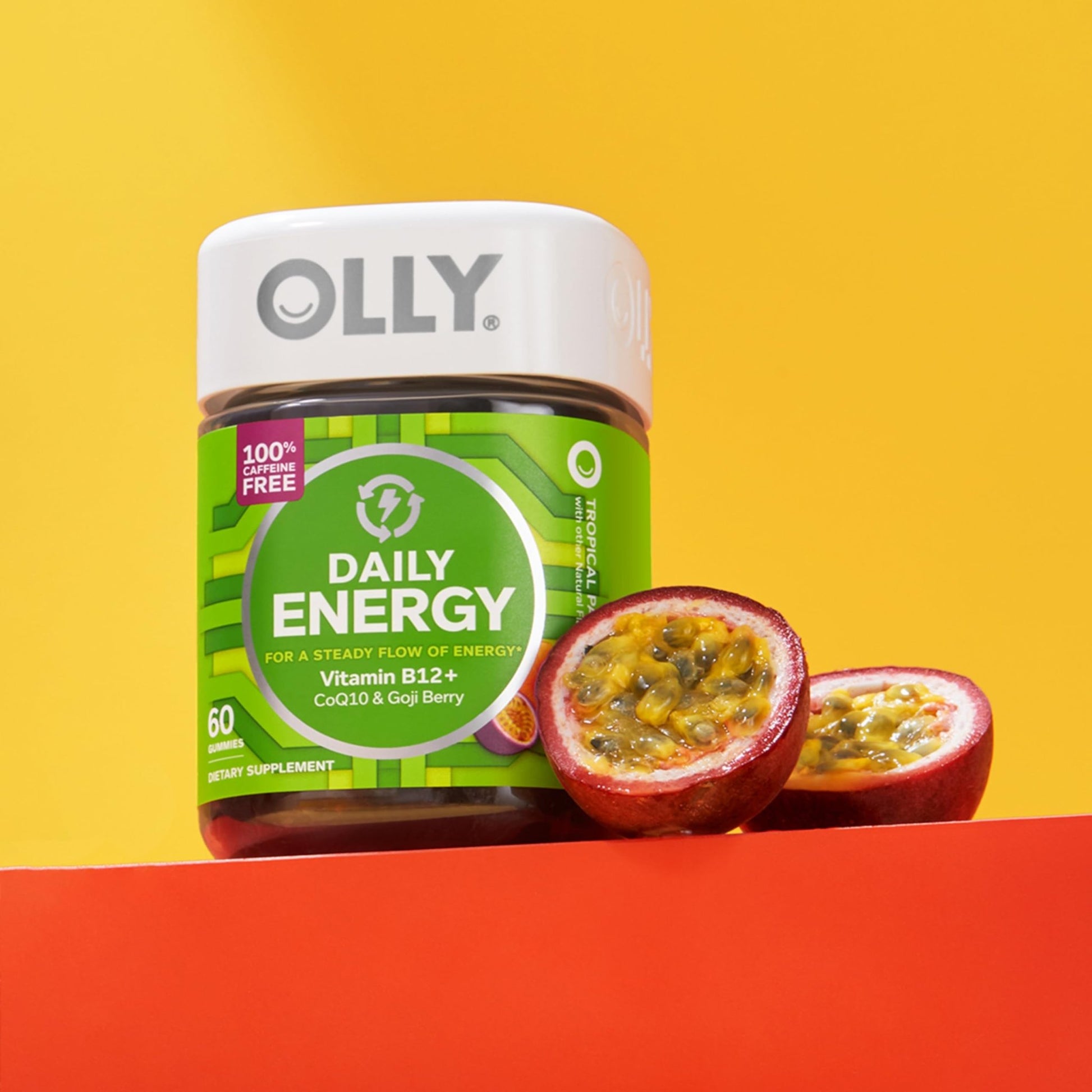 OLLY Daily Energy Gummy, Caffeine Free, Vitamin B12, CoQ10, Goji Berry, Adult Chewable Supplement, Tropical Flavor - 60 Count - dailyvitalstore