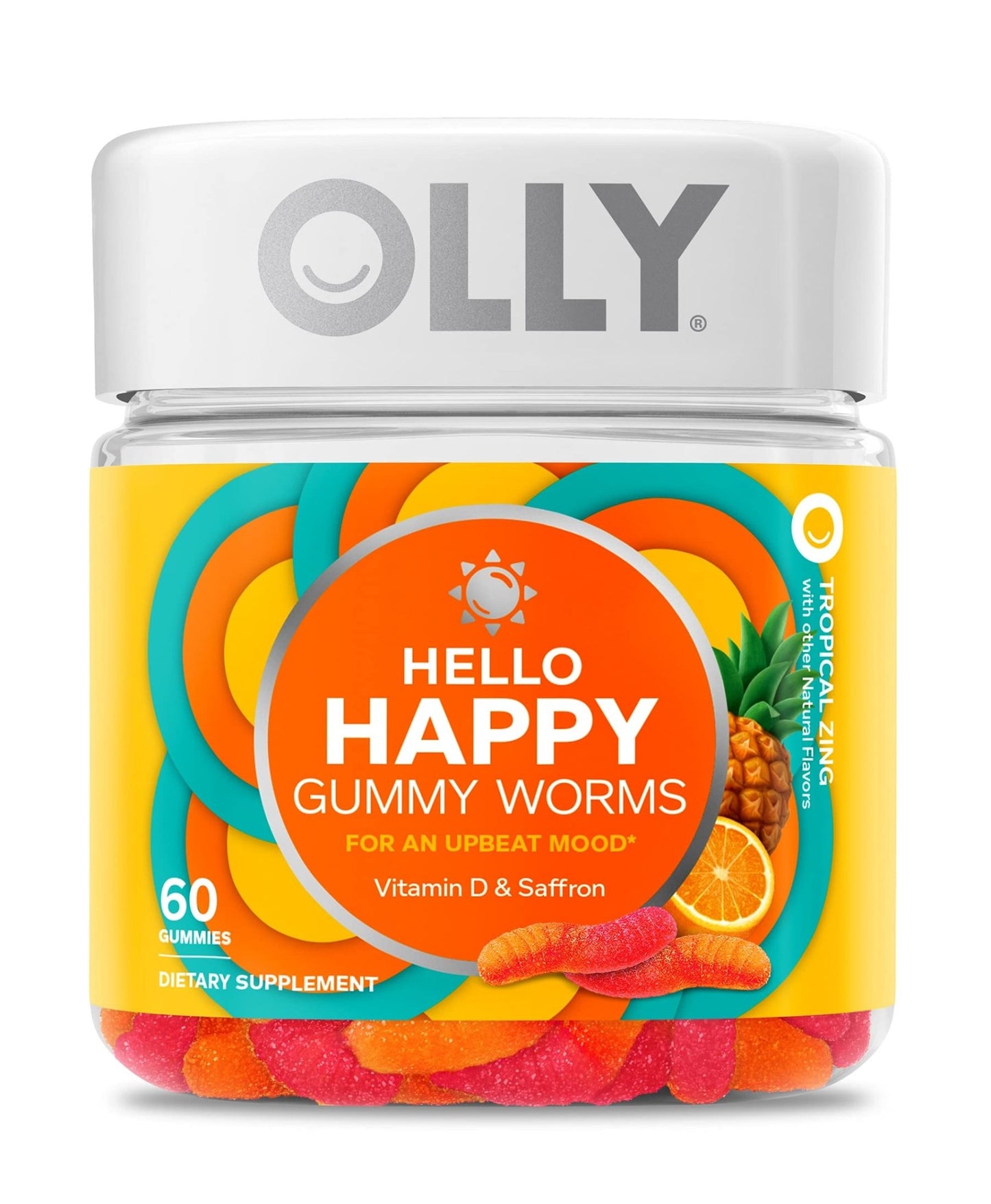 OLLY Hello Happy Gummy Worms, Mood Support Gummies For Adults,* Saffron Extract, Vitamin D, Tropical Zing Flavored, 30 Day Supply - 60 Count - dailyvitalstore