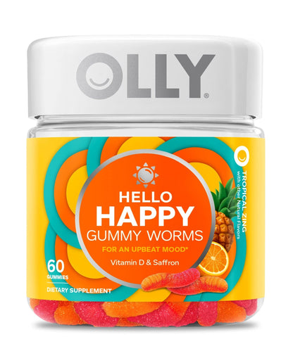 OLLY Hello Happy Gummy Worms, Mood Support Gummies For Adults,* Saffron Extract, Vitamin D, Tropical Zing Flavored, 30 Day Supply - 60 Count - dailyvitalstore