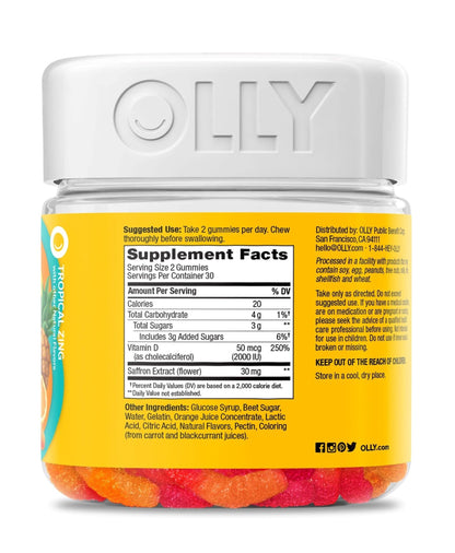 OLLY Hello Happy Gummy Worms, Mood Support Gummies For Adults,* Saffron Extract, Vitamin D, Tropical Zing Flavored, 30 Day Supply - 60 Count - dailyvitalstore