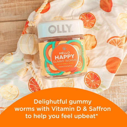 OLLY Hello Happy Gummy Worms, Mood Support Gummies For Adults,* Saffron Extract, Vitamin D, Tropical Zing Flavored, 30 Day Supply - 60 Count - dailyvitalstore
