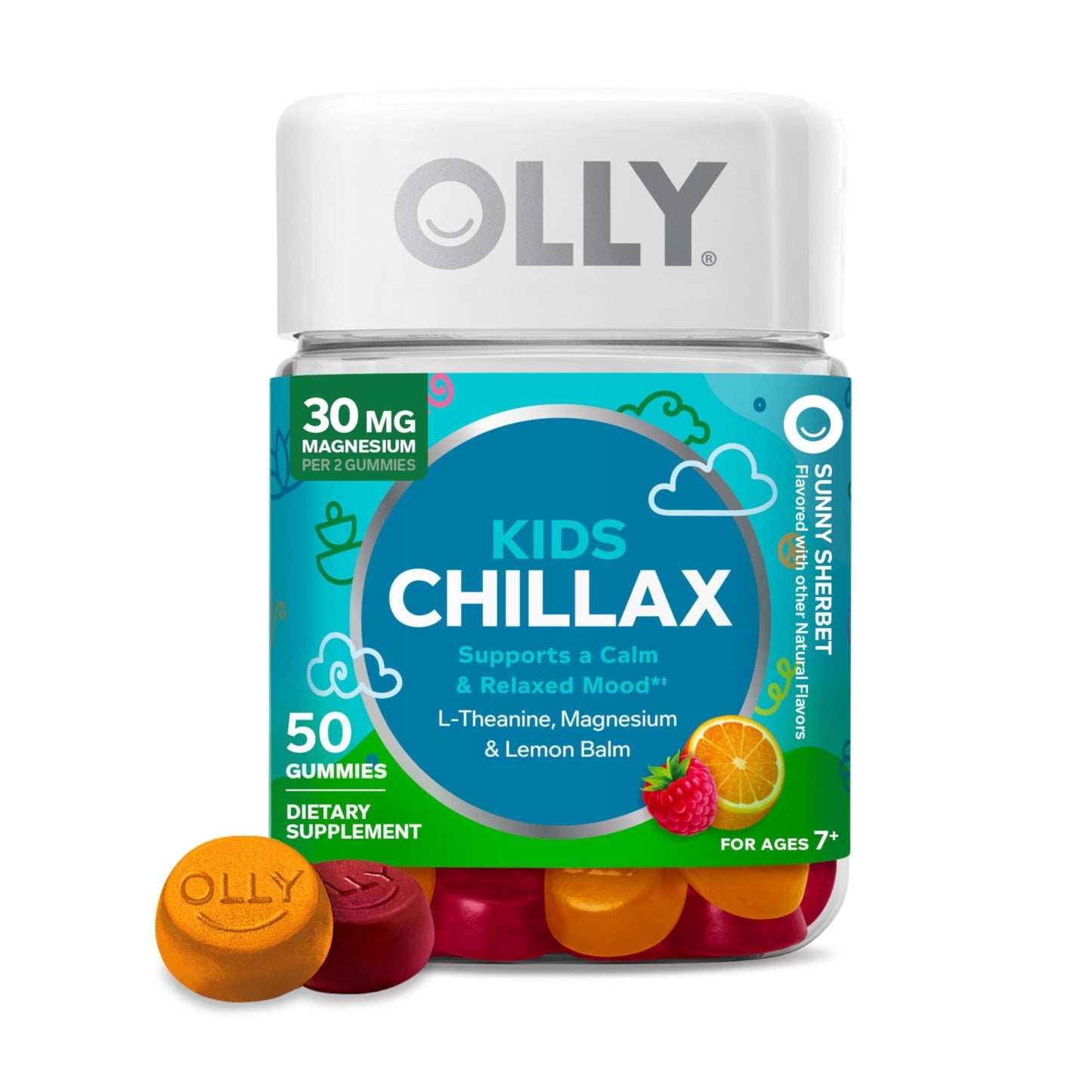 OLLY Kids Chillax Gummy, For a Calm and Relaxed Mood*, Magnesium, L-Theanine, Lemon Balm Extract, Chewable Supplement, Sherbet Flavored, 25 Day Supply - 50 Count - dailyvitalstore
