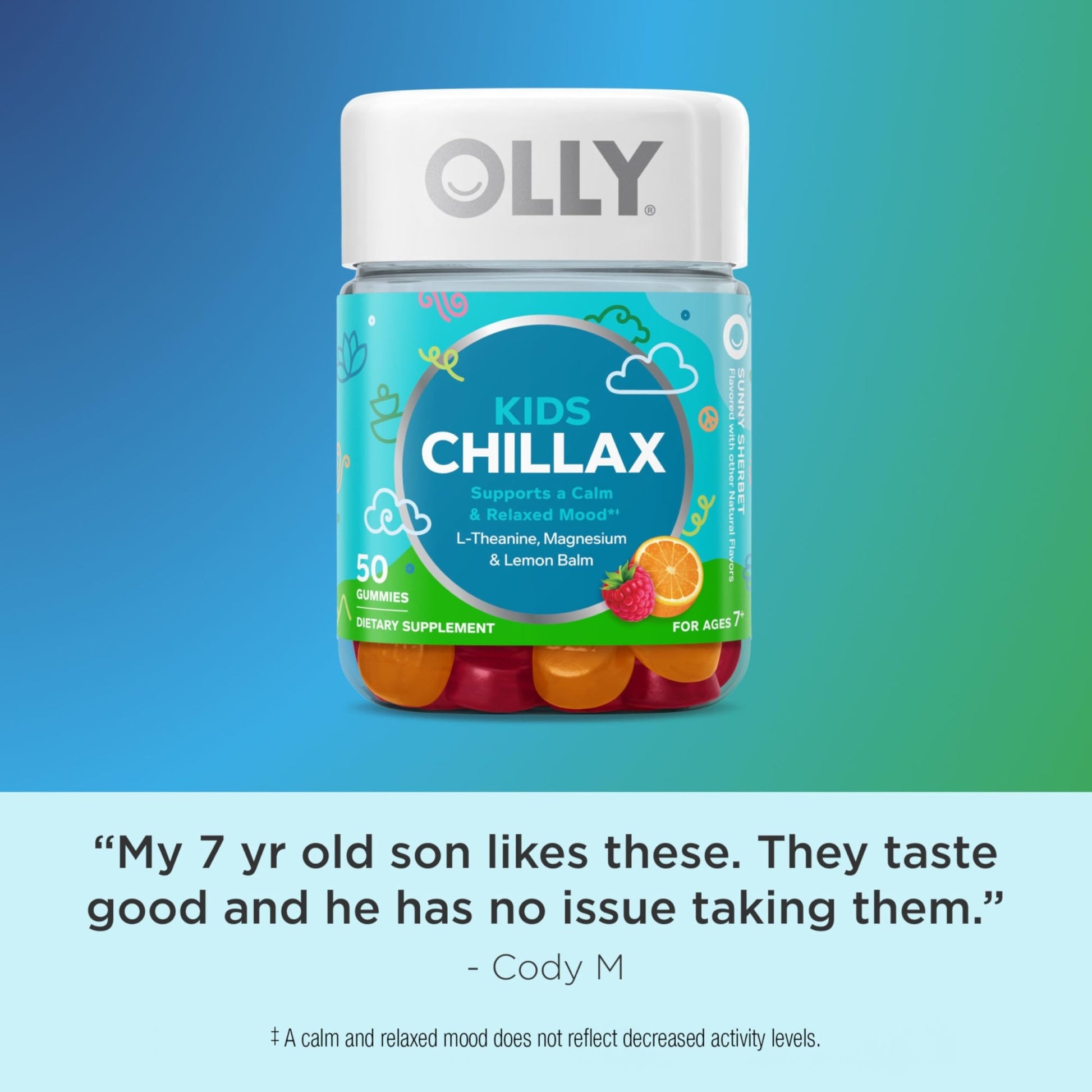 OLLY Kids Chillax Gummy, For a Calm and Relaxed Mood*, Magnesium, L-Theanine, Lemon Balm Extract, Chewable Supplement, Sherbet Flavored, 25 Day Supply - 50 Count - dailyvitalstore