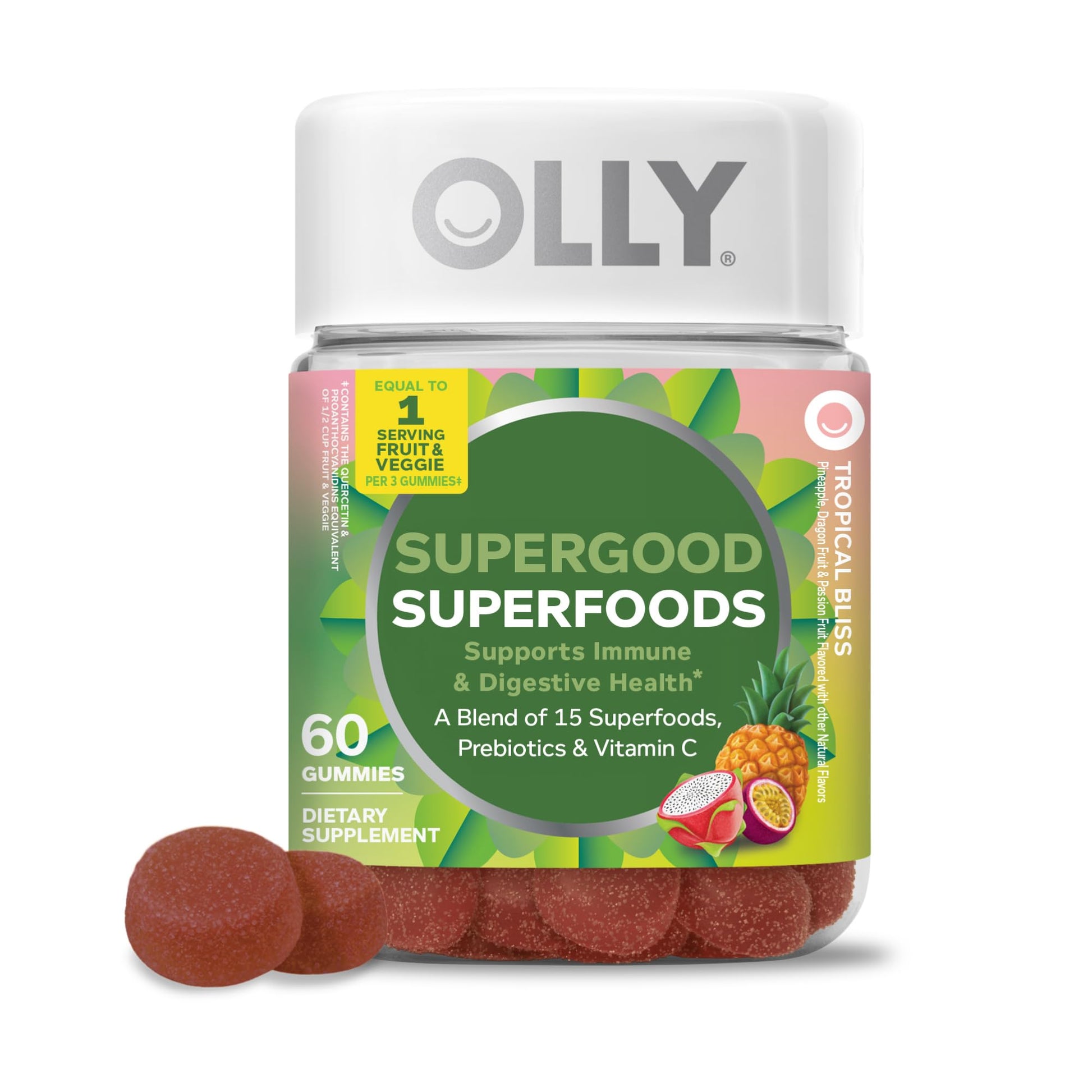 OLLY Supergood Superfoods Gummies, Supports Immune System & Digestive Health,* 15 Superfoods, Prebiotics, Vitamin C, Tropical Bliss Flavor - dailyvitalstore