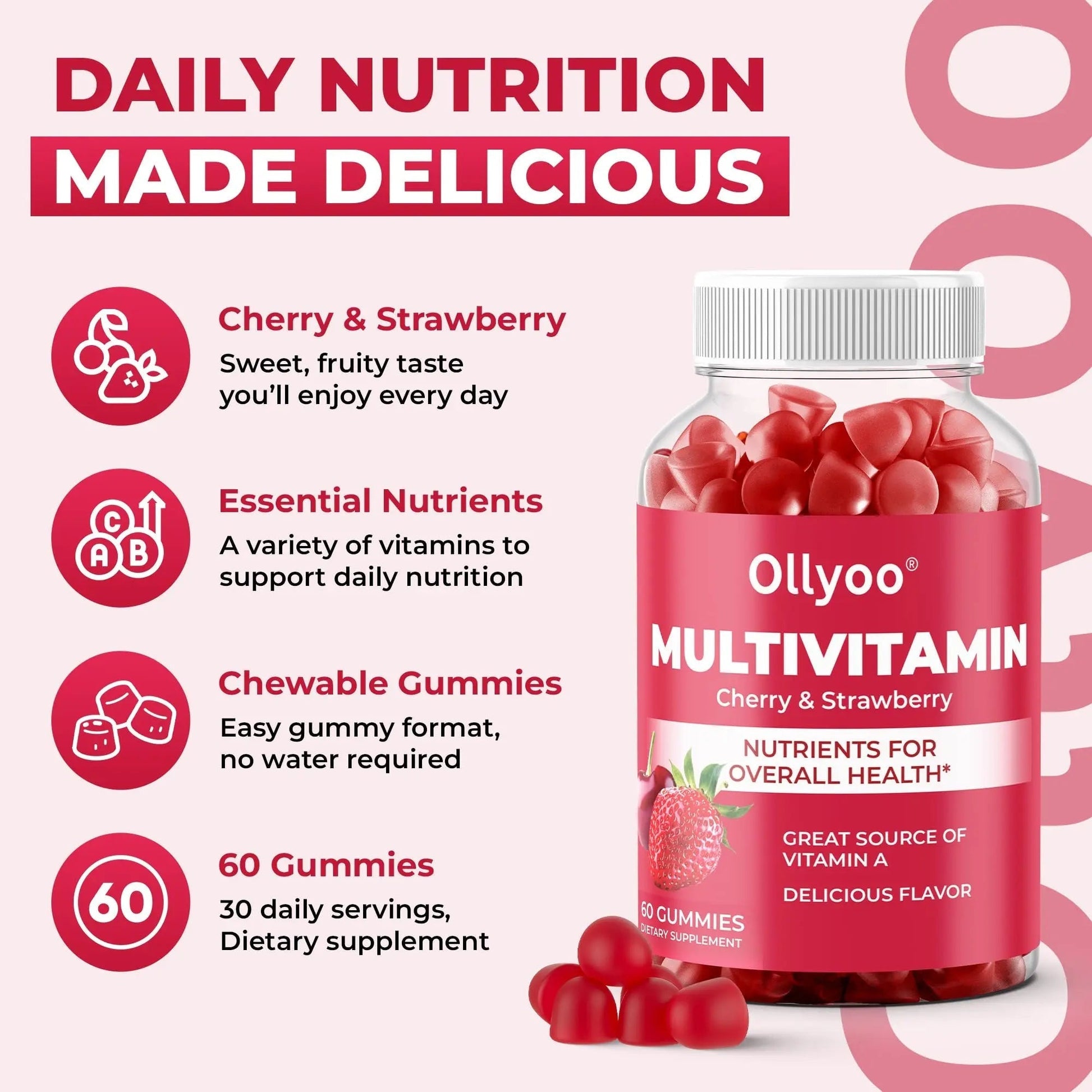 Ollyoo Multivitamin Gummies for Adults | Cherry & Strawberry Flavor | Great Source of Vitamin A & Essential Nutrients | - dailyvitalstore