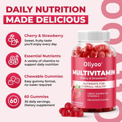 Ollyoo Multivitamin Gummies for Adults | Cherry & Strawberry Flavor | Great Source of Vitamin A & Essential Nutrients | - dailyvitalstore