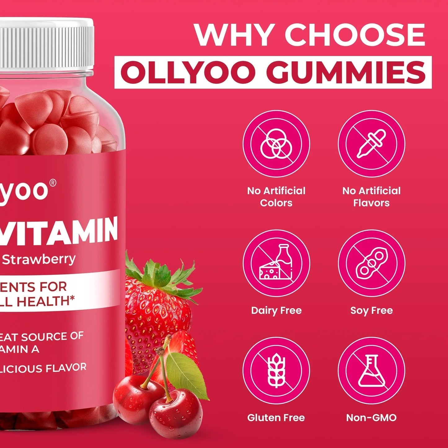 Ollyoo Multivitamin Gummies for Adults | Cherry & Strawberry Flavor | Great Source of Vitamin A & Essential Nutrients | - dailyvitalstore