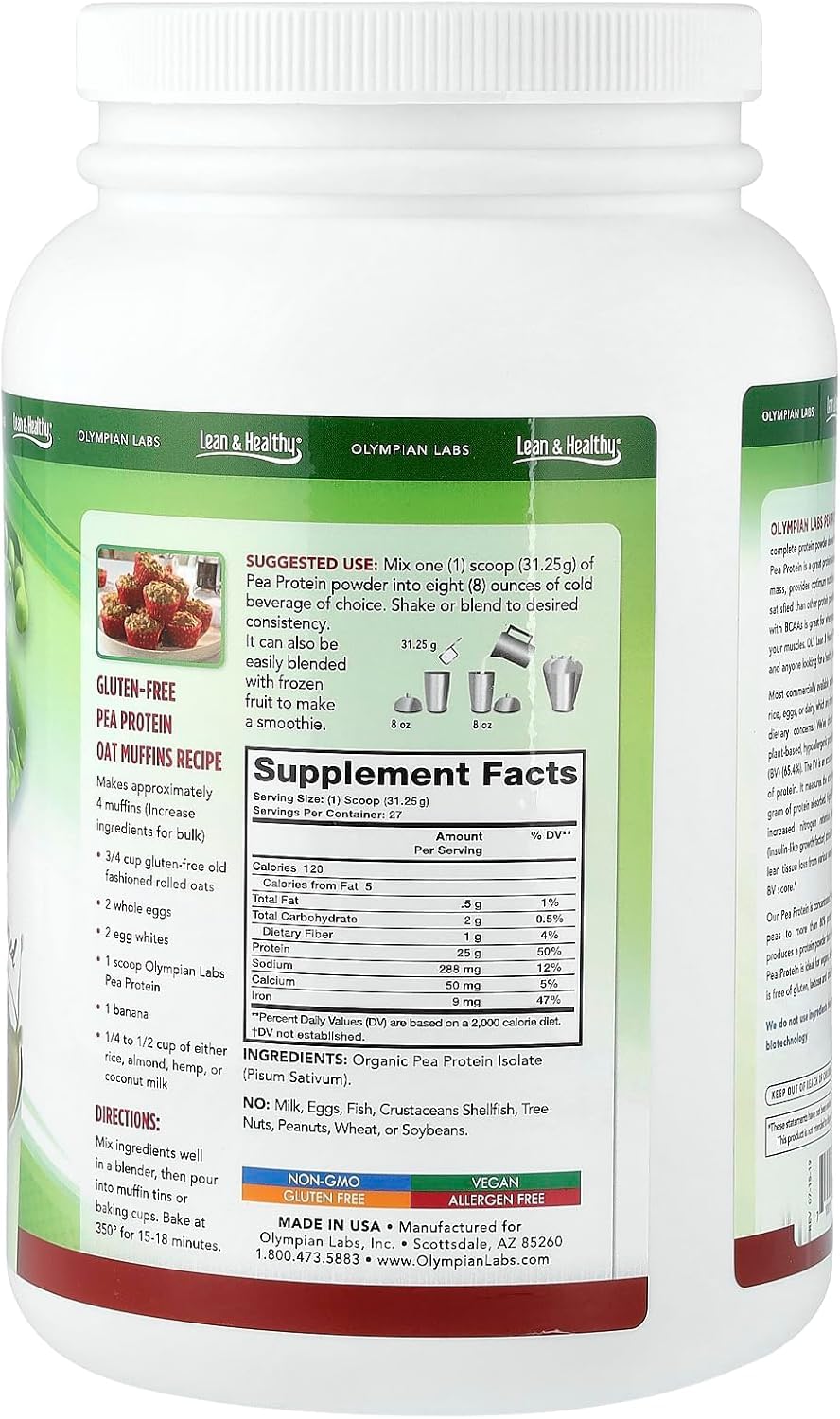 Olympian Labs Plant Based Pea Protein Powder, Unflavored - 25g of Protein, Vegan, Low Net Carbs, Gluten Free, Lactose Free, No Sugar Added, Soy Free - dailyvitalstore