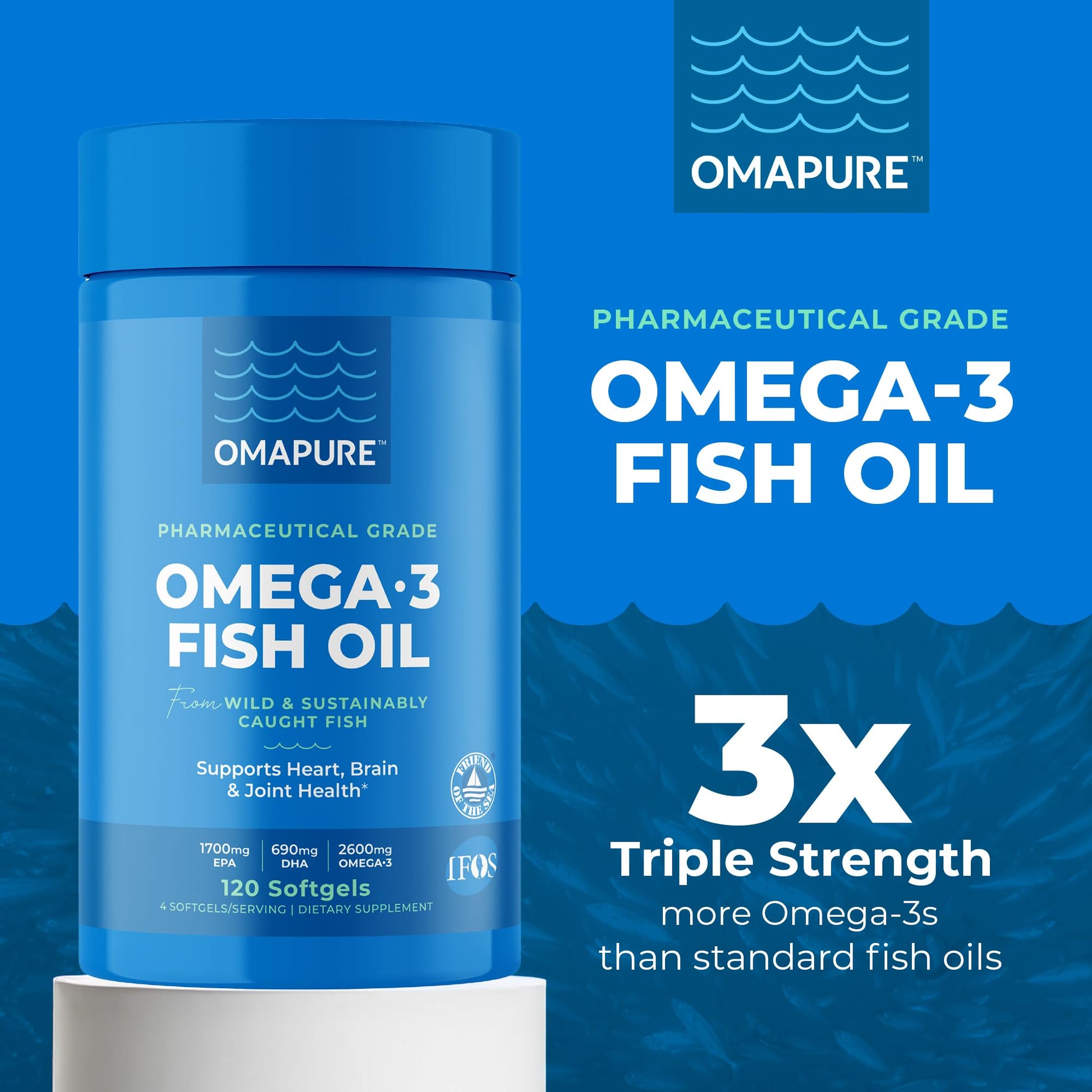 OMAPURE Fish Oil Omega 3 Supplements - Triple Strength - High EPA, DHA - IFOS Lab Tested - Supports Heart & Brain Health - Burpless Capsules - Wild Caught - (3 Bottles - 120 Softgels Per Bottle) - dailyvitalstore