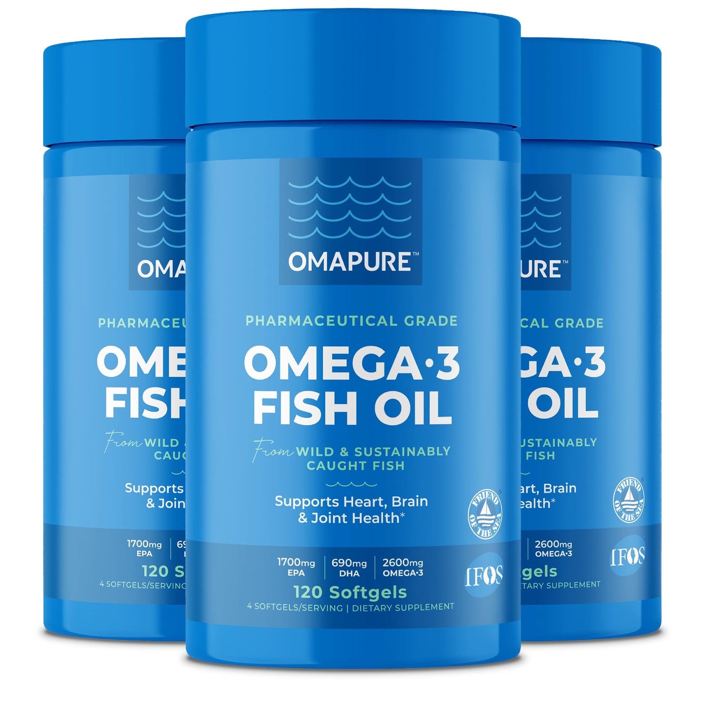 OMAPURE Fish Oil Omega 3 Supplements - Triple Strength - High EPA, DHA - IFOS Lab Tested - Supports Heart & Brain Health - Burpless Capsules - Wild Caught - (3 Bottles - 120 Softgels Per Bottle) - dailyvitalstore