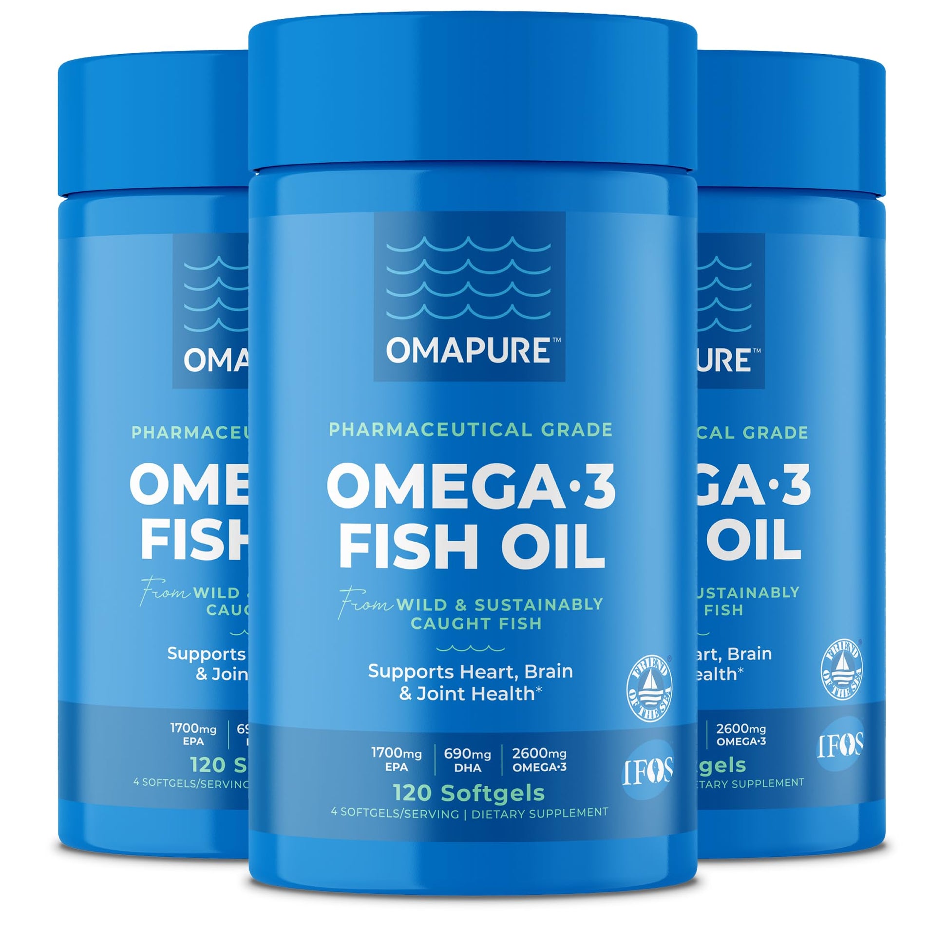 OMAPURE Fish Oil Omega 3 Supplements - Triple Strength - High EPA, DHA - IFOS Lab Tested - Supports Heart & Brain Health - Burpless Capsules - Wild Caught - (3 Bottles - 120 Softgels Per Bottle) - dailyvitalstore