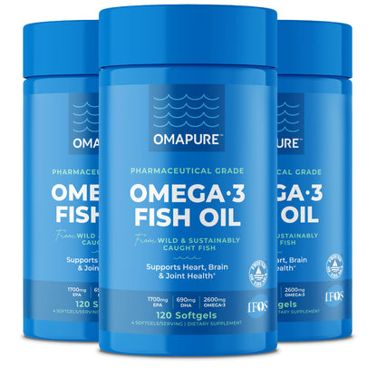 OMAPURE Fish Oil Omega 3 Supplements - Triple Strength - High EPA, DHA - IFOS Lab Tested - Supports Heart & Brain Health - Burpless Capsules - Wild Caught - (3 Bottles - 120 Softgels Per Bottle) - dailyvitalstore